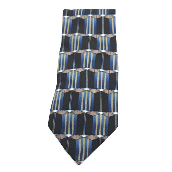 Chez Roffie New York Men's Silk Blue/Black Geometric Pattern Tie - Picture 2 of 8